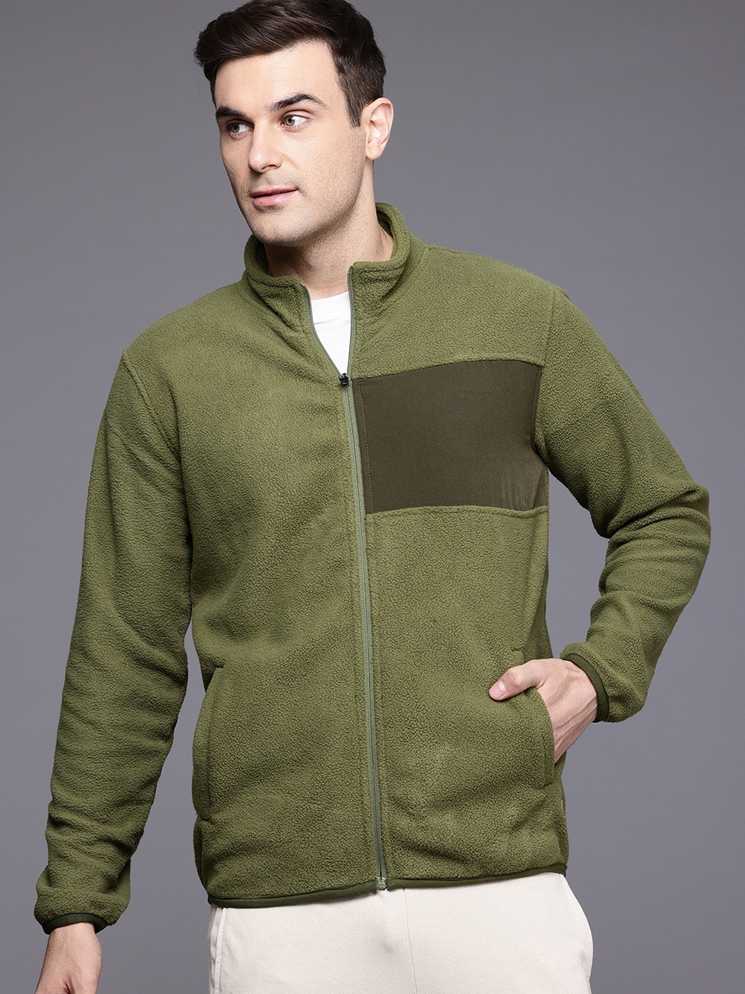 

HRX by Hrithik Roshan Fleece Front-Open Outdoor Sweatshirt, Olive