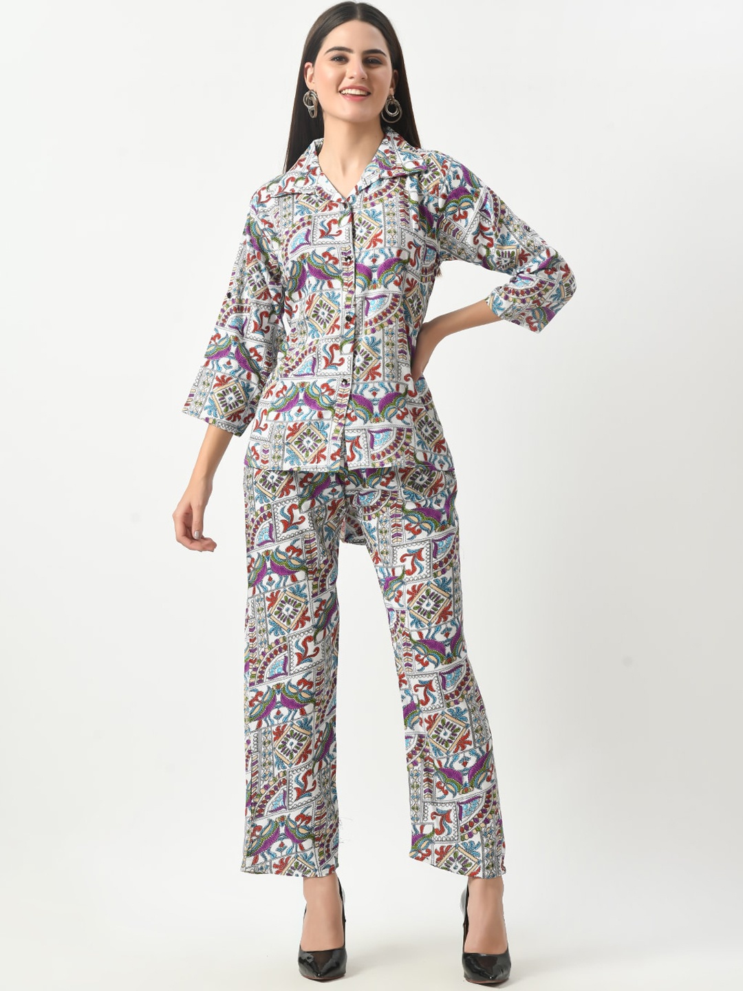 

BAESD Printed Shirt Collar Cotton Shirt With Trousers, White