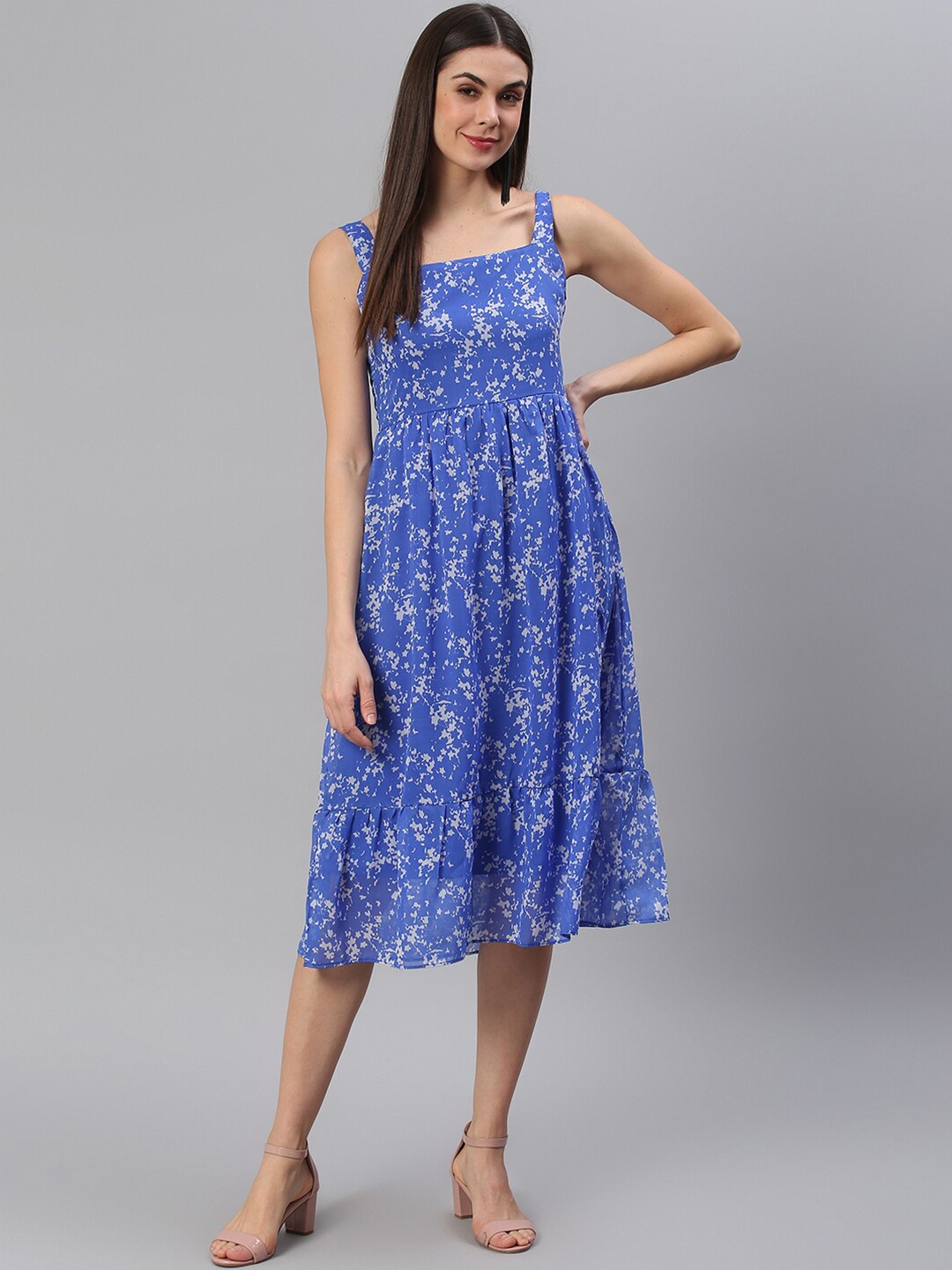 

BAESD Floral Print Shoulder Straps Fit & Flare Midi Dress, Blue