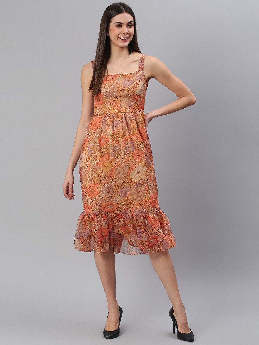 

BAESD Floral Print Square Neck Sleeveless A-Line Midi Dress, Rust