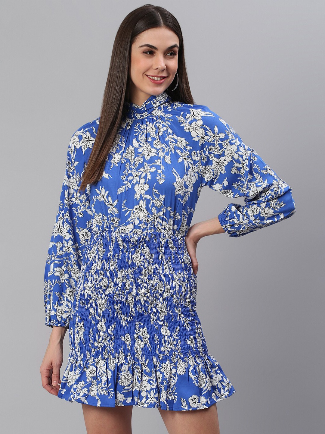 

BAESD Floral Print High Neck Puff Sleeves Smocked Crepe Sheath Dress, Blue