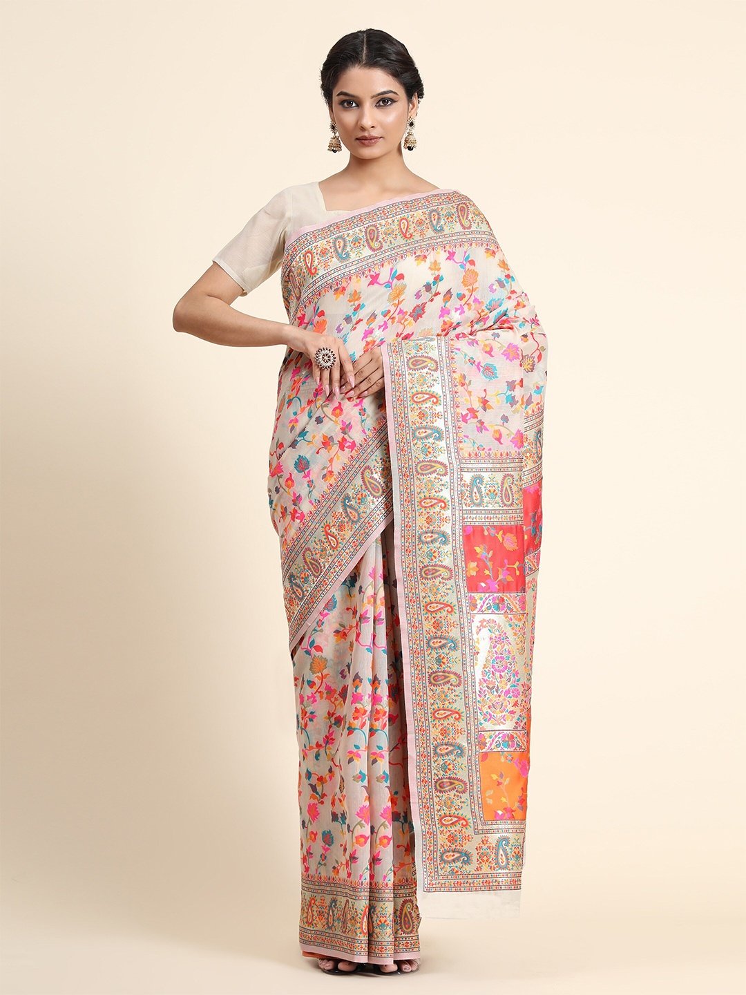 

ATIRA Ethnic Motifs Zari Art Silk Banarasi Saree, Off white