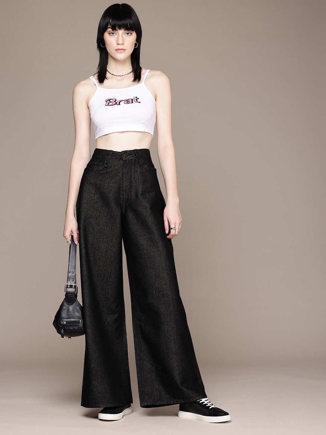 

The Roadster Life Co. Women Wide Leg Palazzo Fit High-Rise Stretchable Jeans, Black