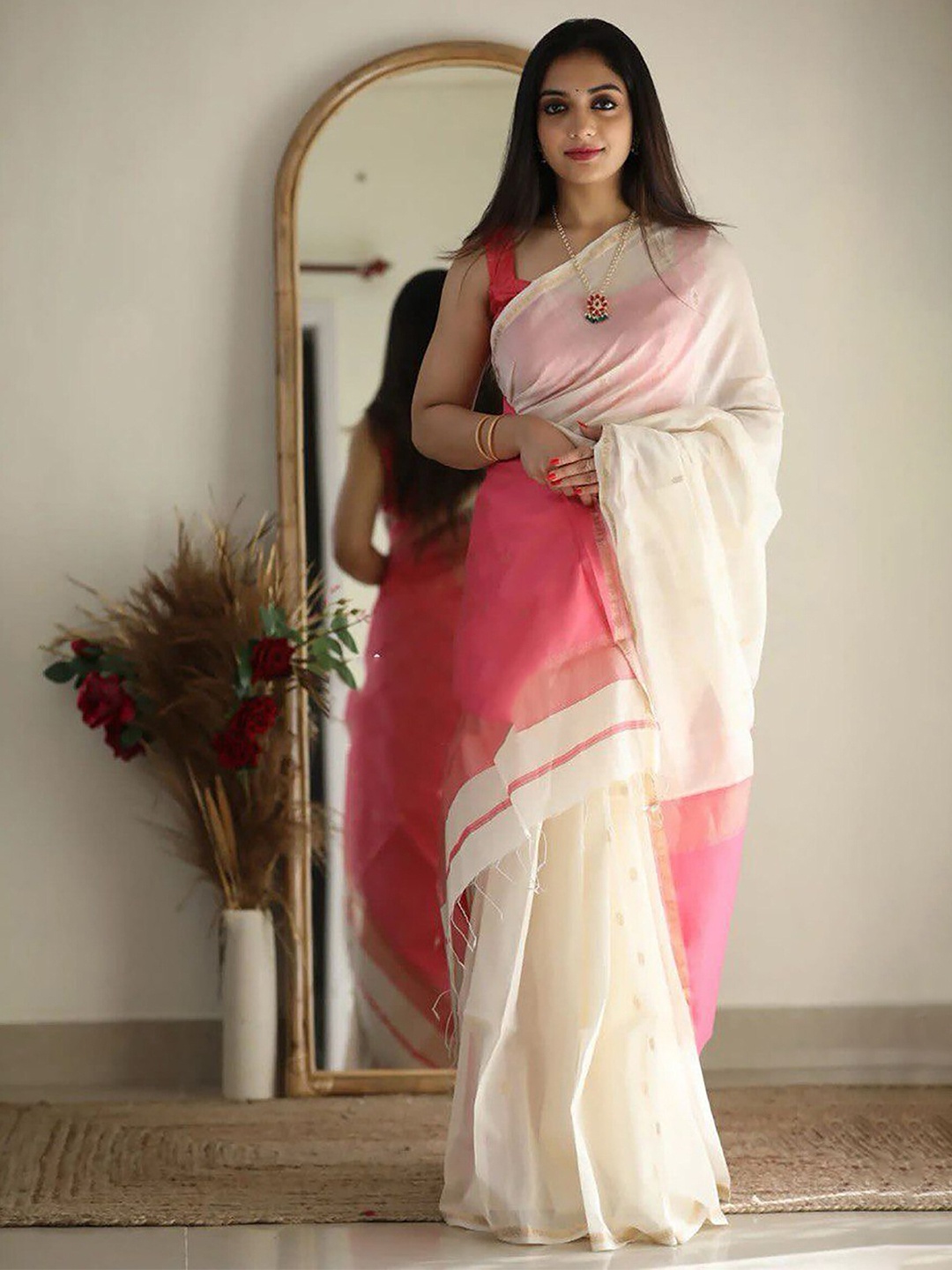 

KALINI Ethnic Motifs Silk Blend Designer Saree, White