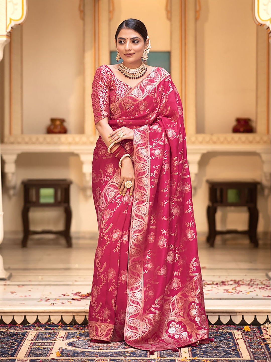 

KALINI Woven Design Zari Silk Blend Banarasi Saree, Pink