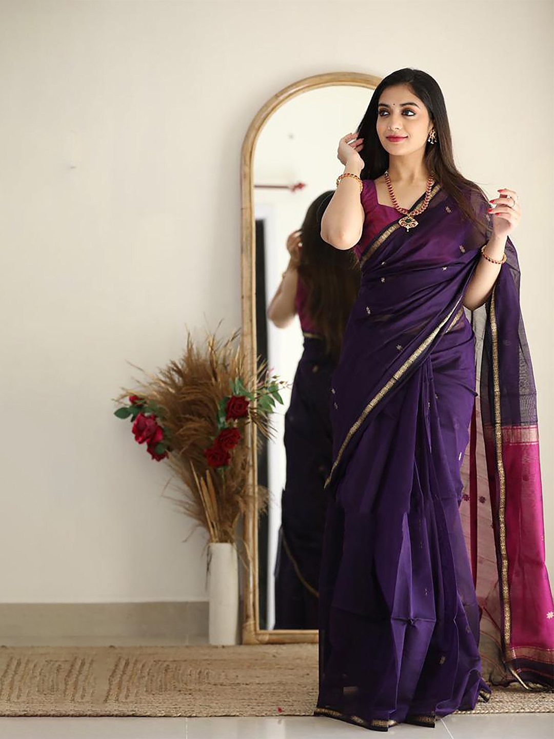 

KALINI Woven Design Zari Silk Blend Banarasi Saree, Purple