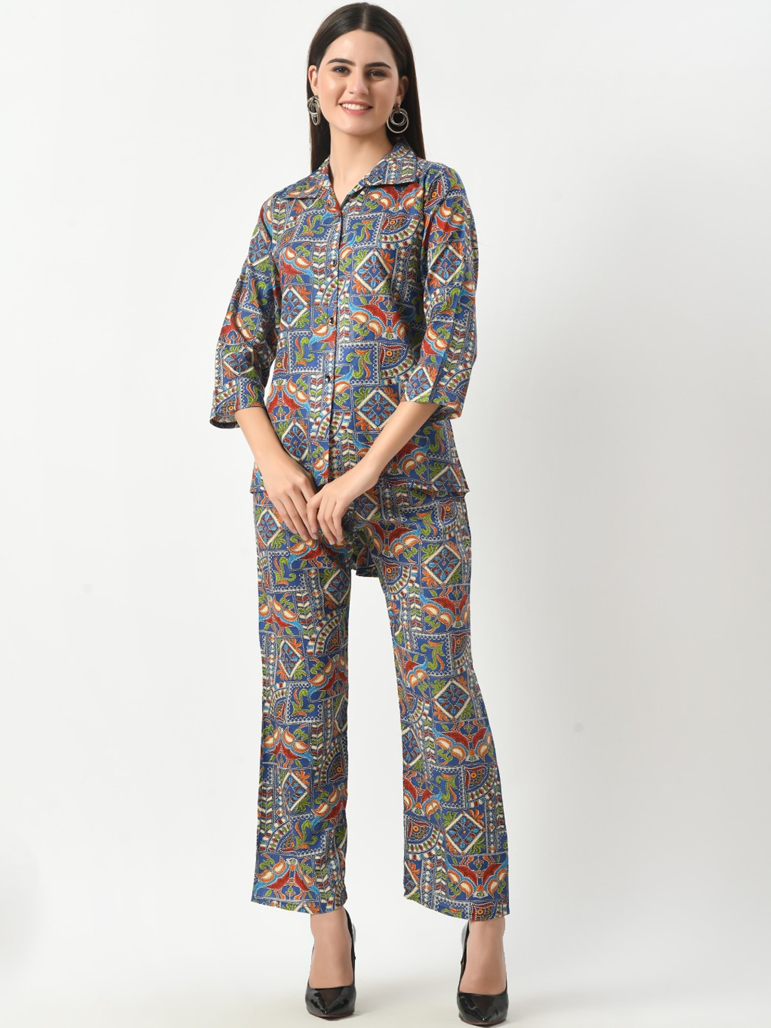 

BAESD Printed Shirt Collar Cotton Shirt With Trousers, Blue