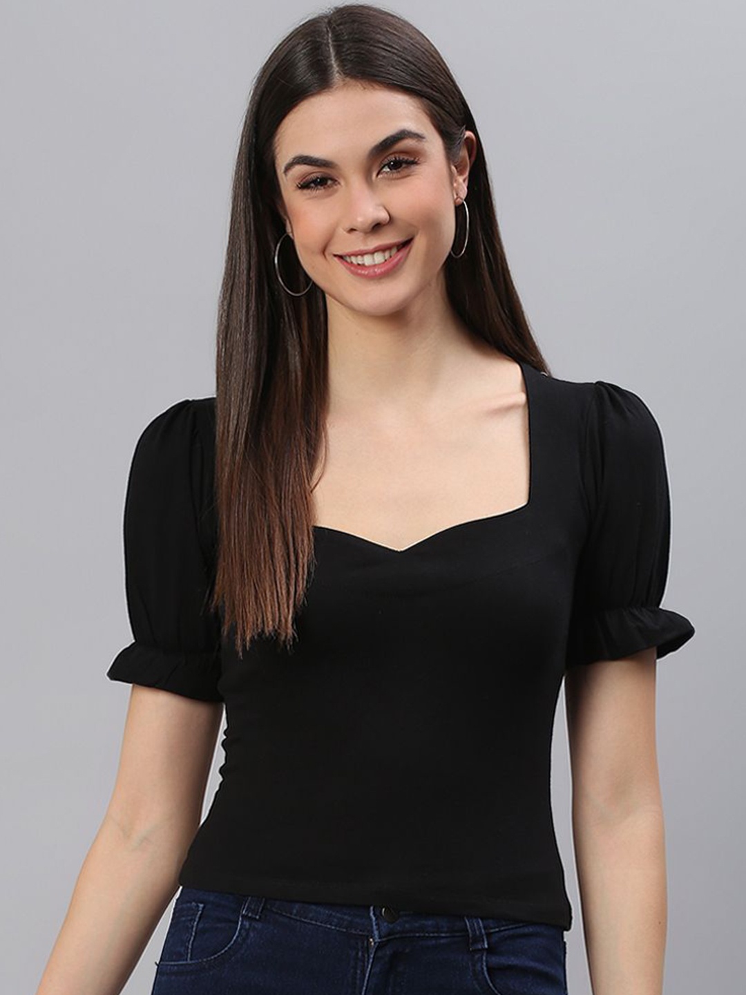 

Cation Sweetheart Neck Puff Sleeve Cotton Fitted Top, Black