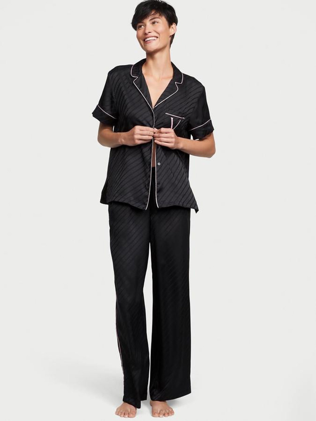 

Victoria's Secret Striped Lapel Collar Satin Shirt & Pyjama, Black