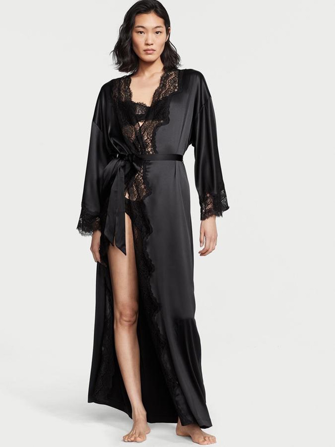 

Victoria's Secret V-Neck Long Sleeves Lace-Trim Satin Long Robe, Black
