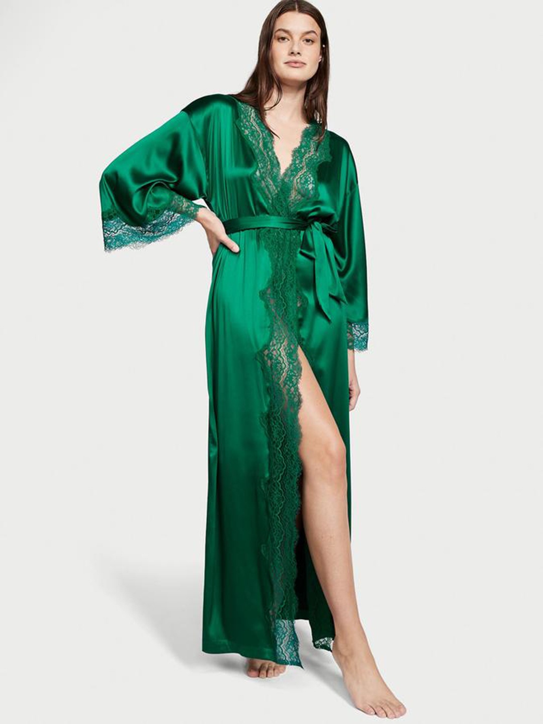 

Victoria's Secret Lace-Trim Satin Long Robe, Green