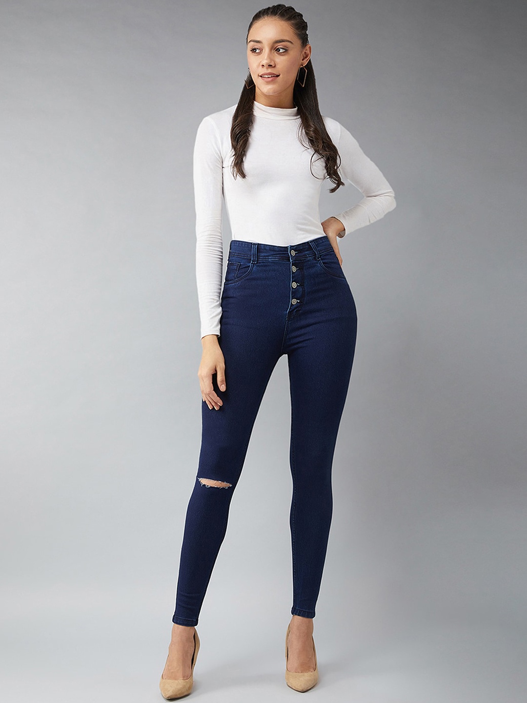 

DressBerry Navy Blue Women Skinny Fit High-Rise Slash Knee Stretchable Jeans