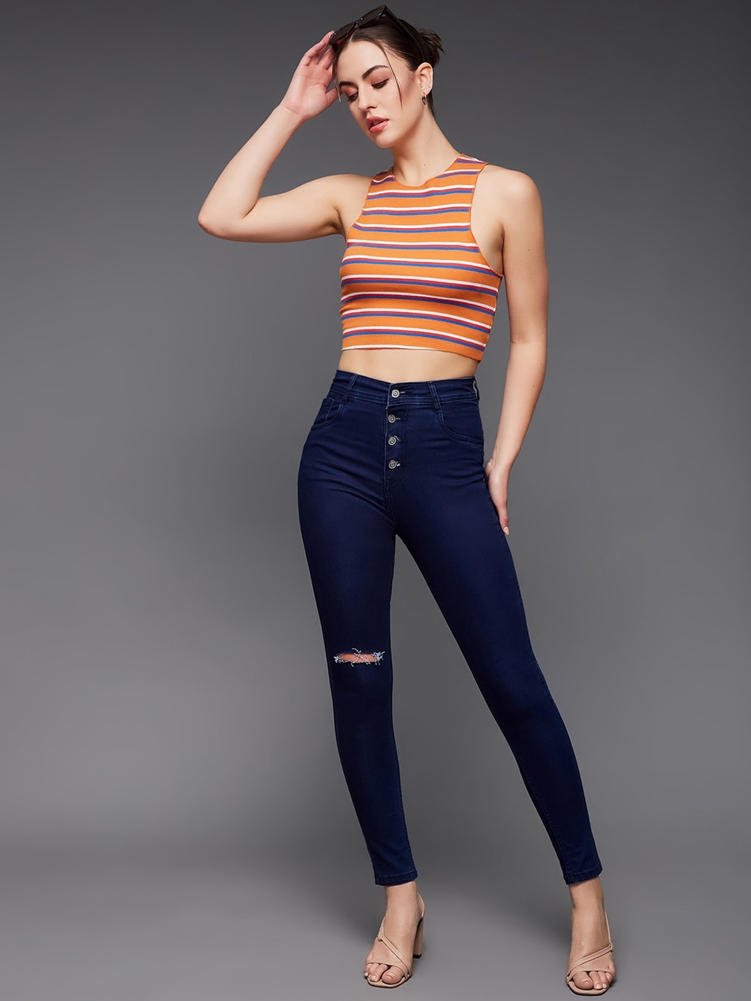 

DressBerry Navy Blue Women Skinny Fit High-Rise Slash Knee Stretchable Jeans