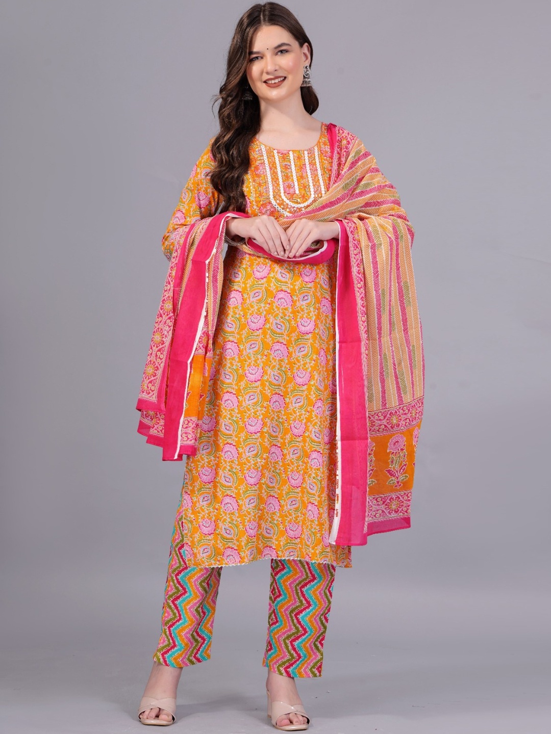 

Light Daisy Floral Printed Mirror Work Pure Cotton Kurta with Trousers & With Dupatta, Orange