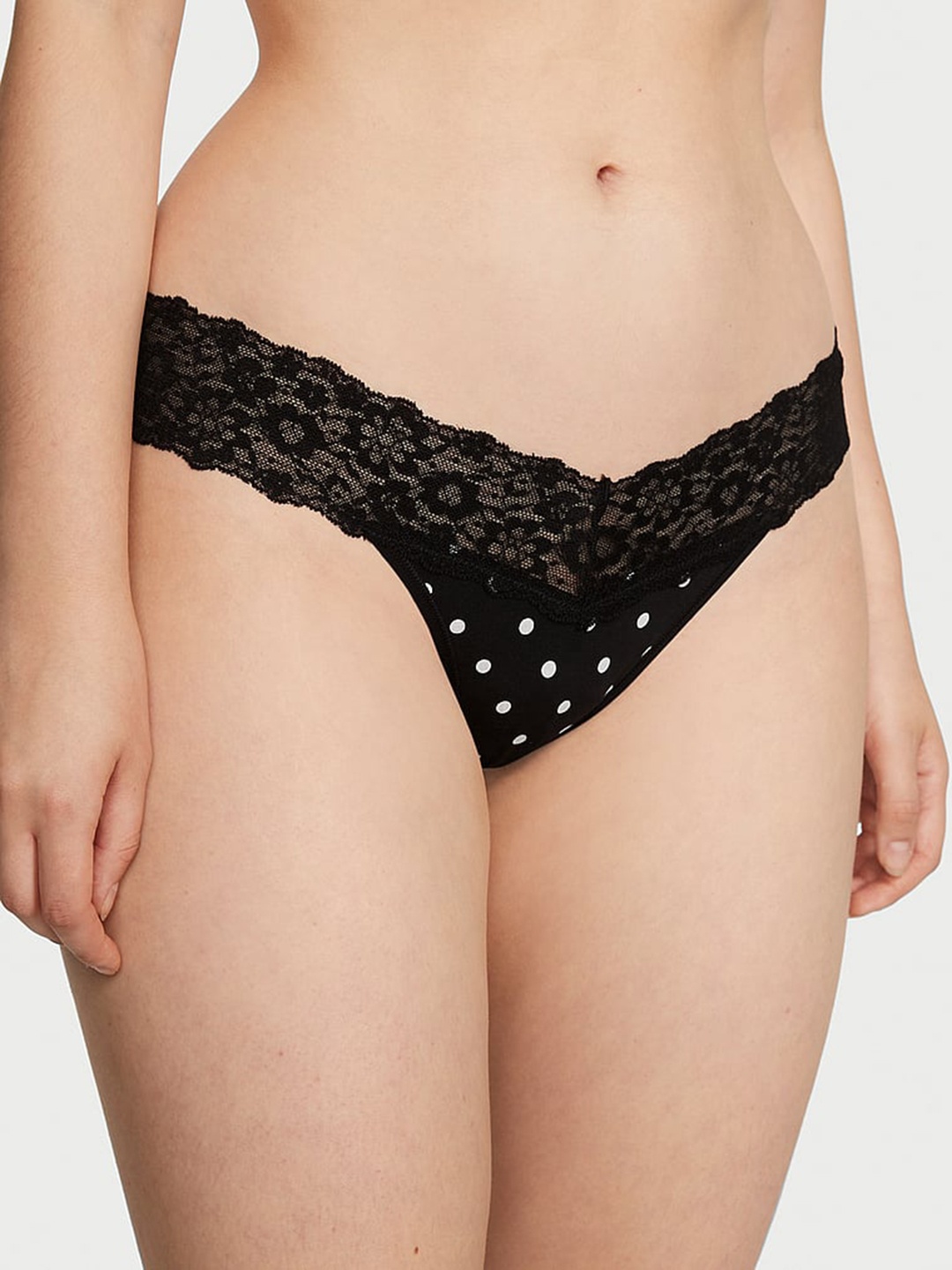 

Victoria's Secret Polka-Dots Printed Lace-Waist Thong Briefs, Black