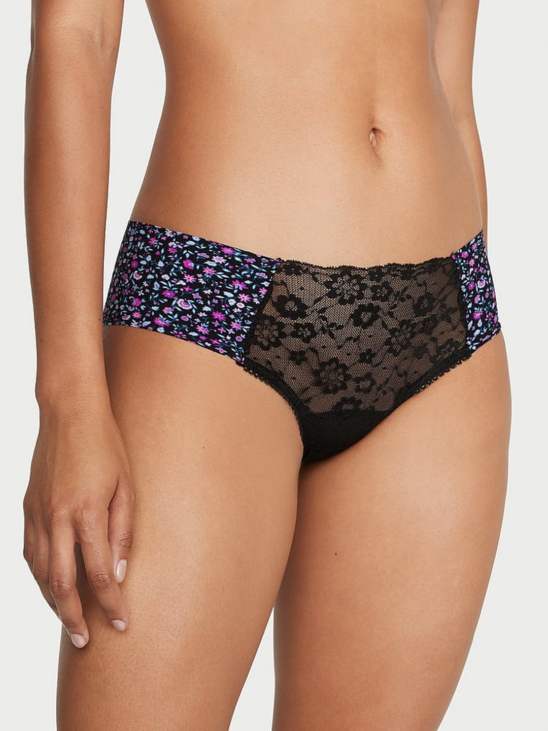 

Victoria's Secret Floral Printed Mid-Rise No-Show Lace Cheeky Hipster Briefs, Black