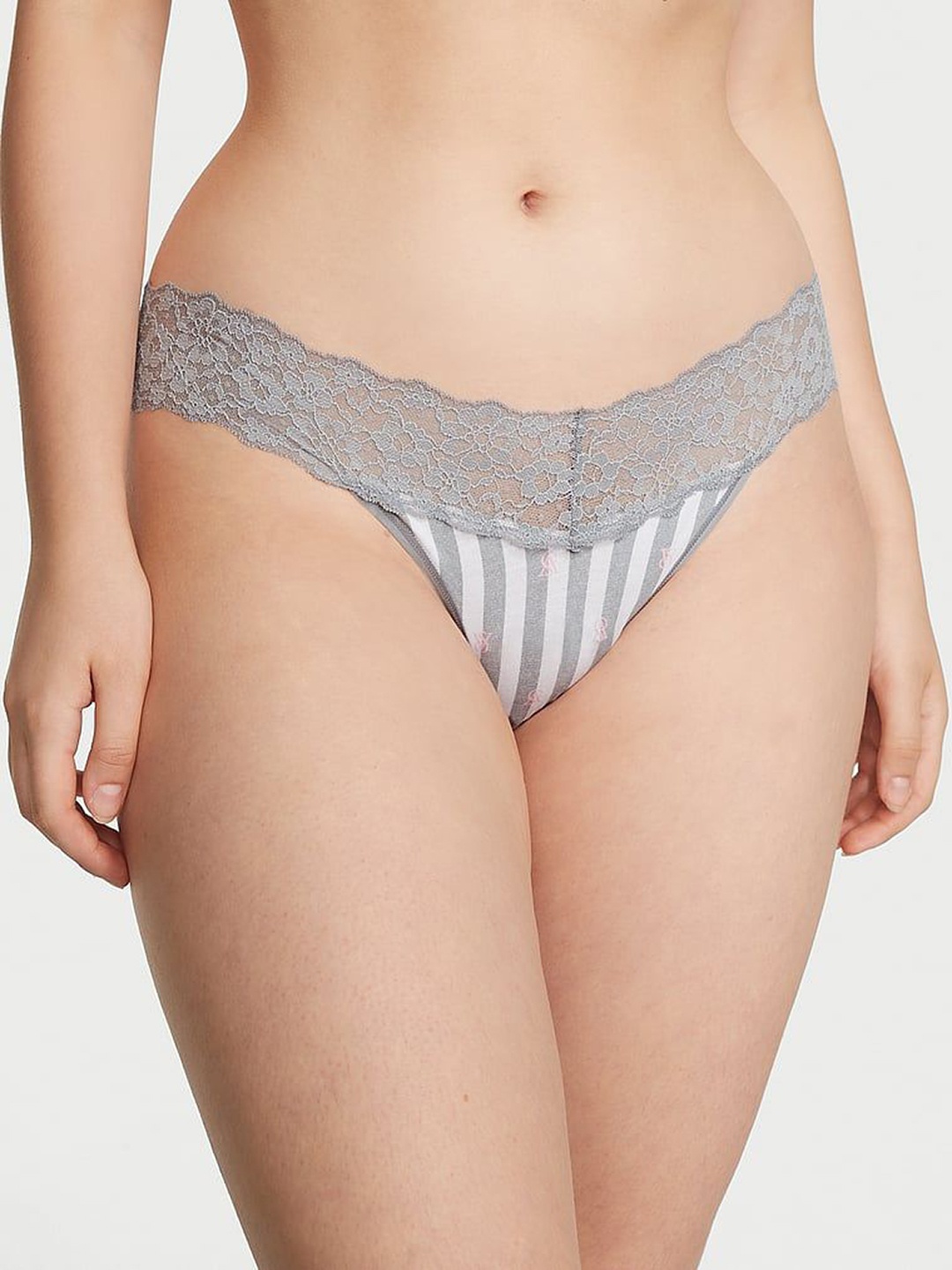 

Victoria's Secret Striped Low-Rise Thong Briefs, Grey