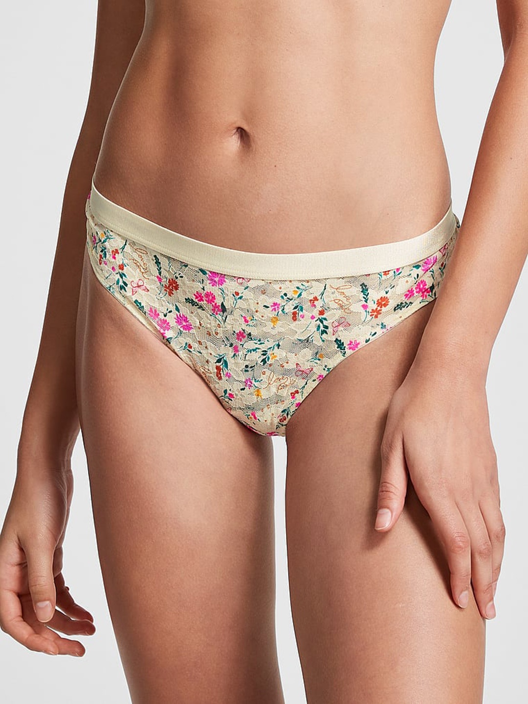 

Victoria's Secret PINK Wear Everywhere Lace Floral Printed Thongs Briefs, Beige