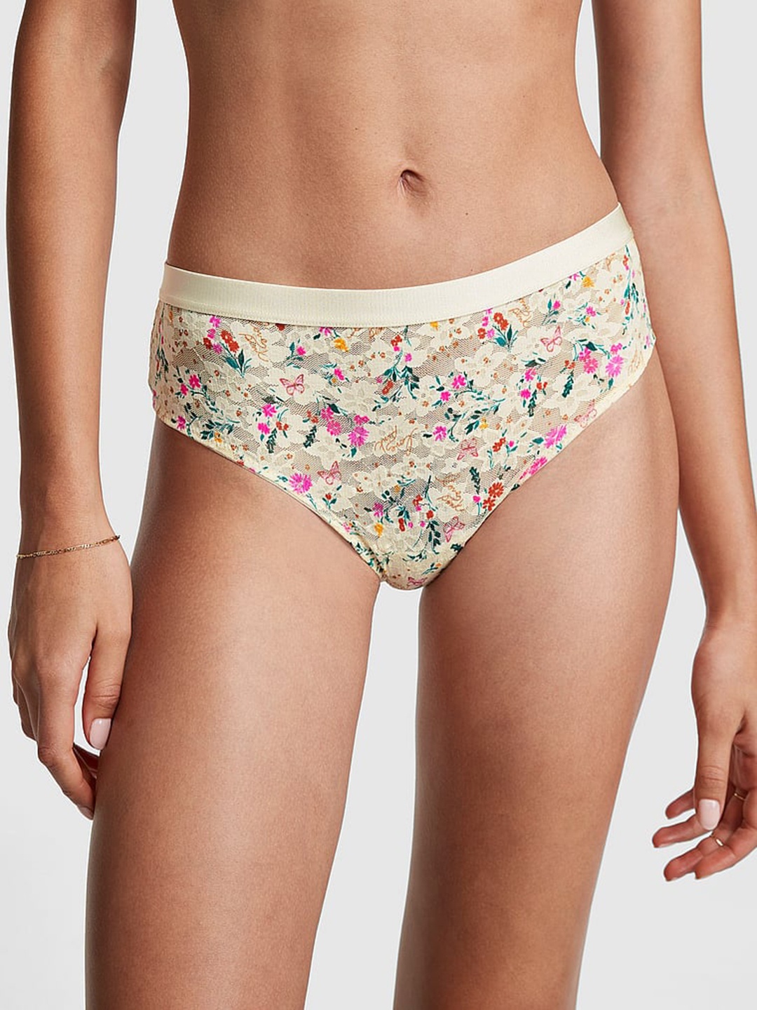 

Victoria's Secret PINK Wear Lace Cheekster Floral Printed Lace Basic Briefs, White