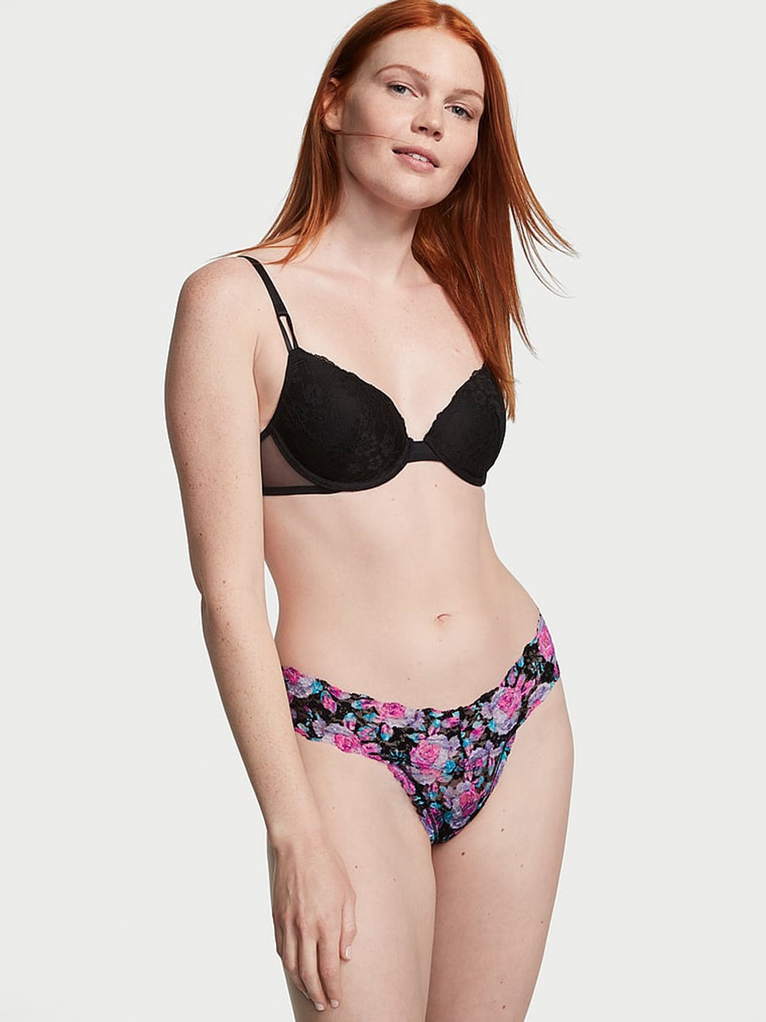 

Victoria's Secret The Lacie Posey Floral Printed Low Rise Lace Thong Brief, Black