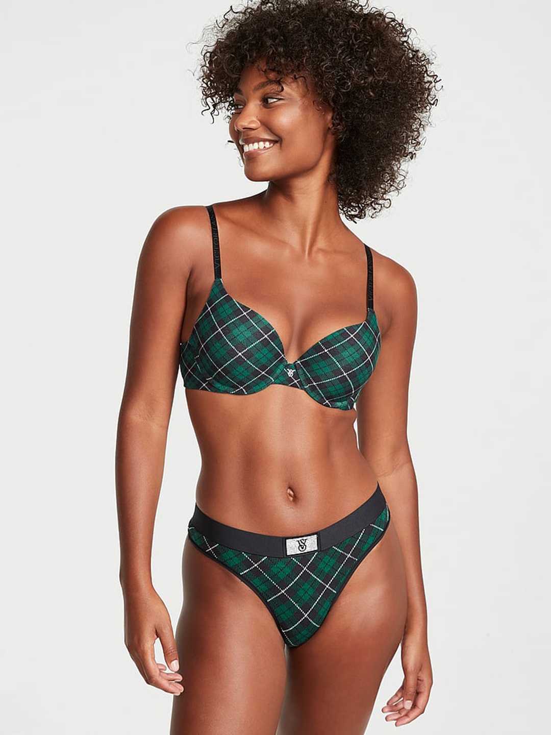 

Victoria's Secret Checked Shine Patch Cotton Thongs Brief, Black