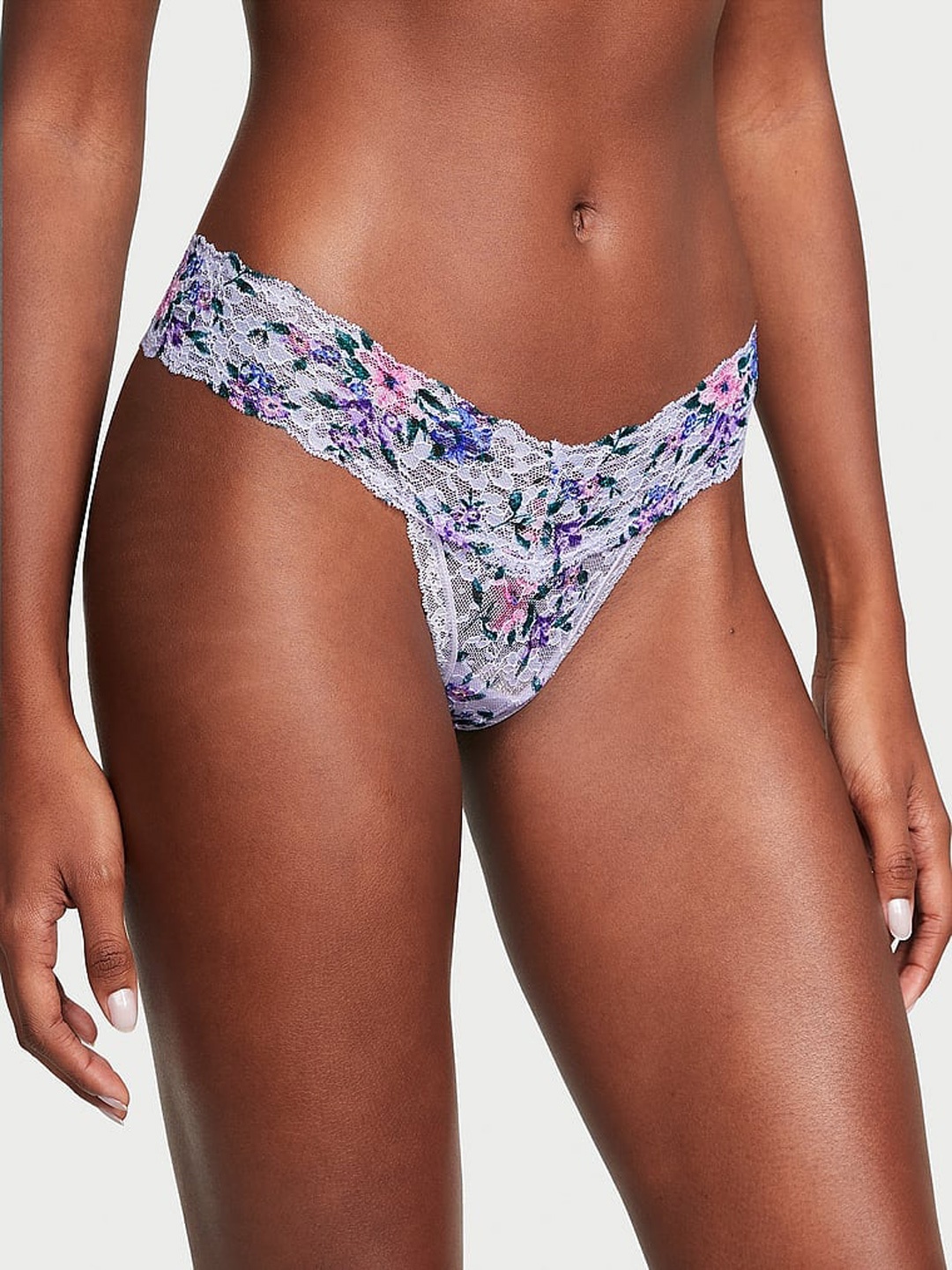 

Victoria's Secret The Lacie Posey Floral Printed Low-Rise Lace Thong Briefs, Blue