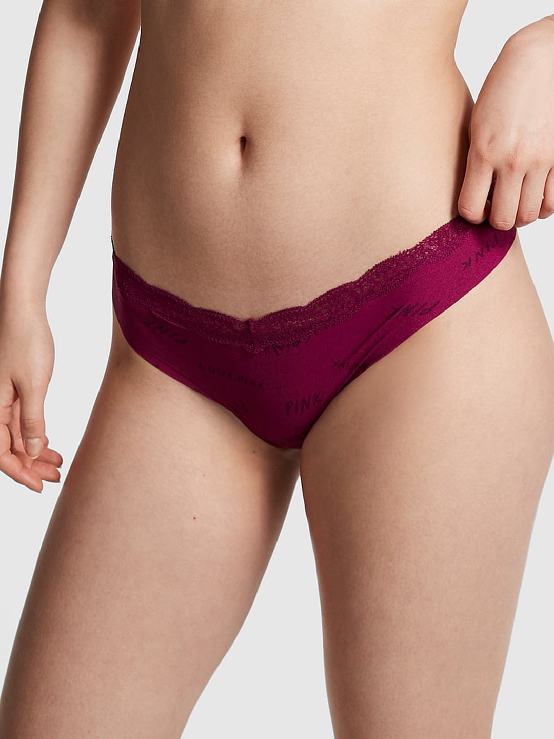 

Victoria's Secret PINK No-Show Typography Printed 4-Way Stretch Low Rise Thong Briefs, Burgundy