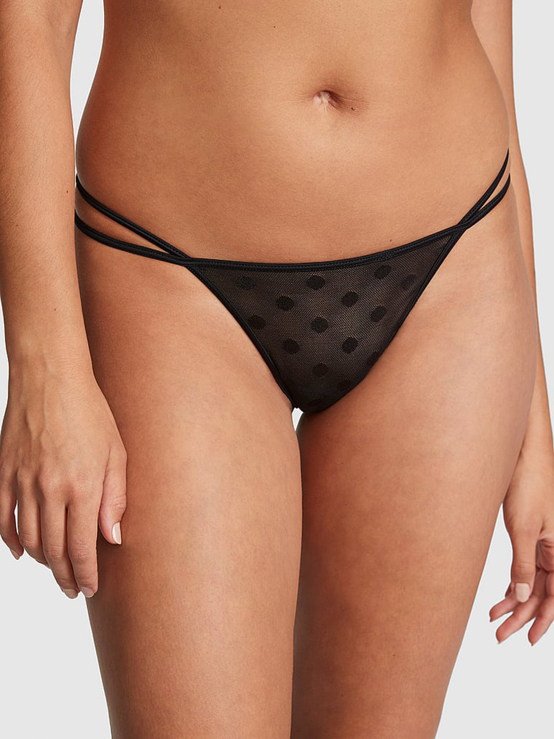 

Victoria's Secret PINK DOT MESH STRAPPY Self Design Thongs Brief, Black