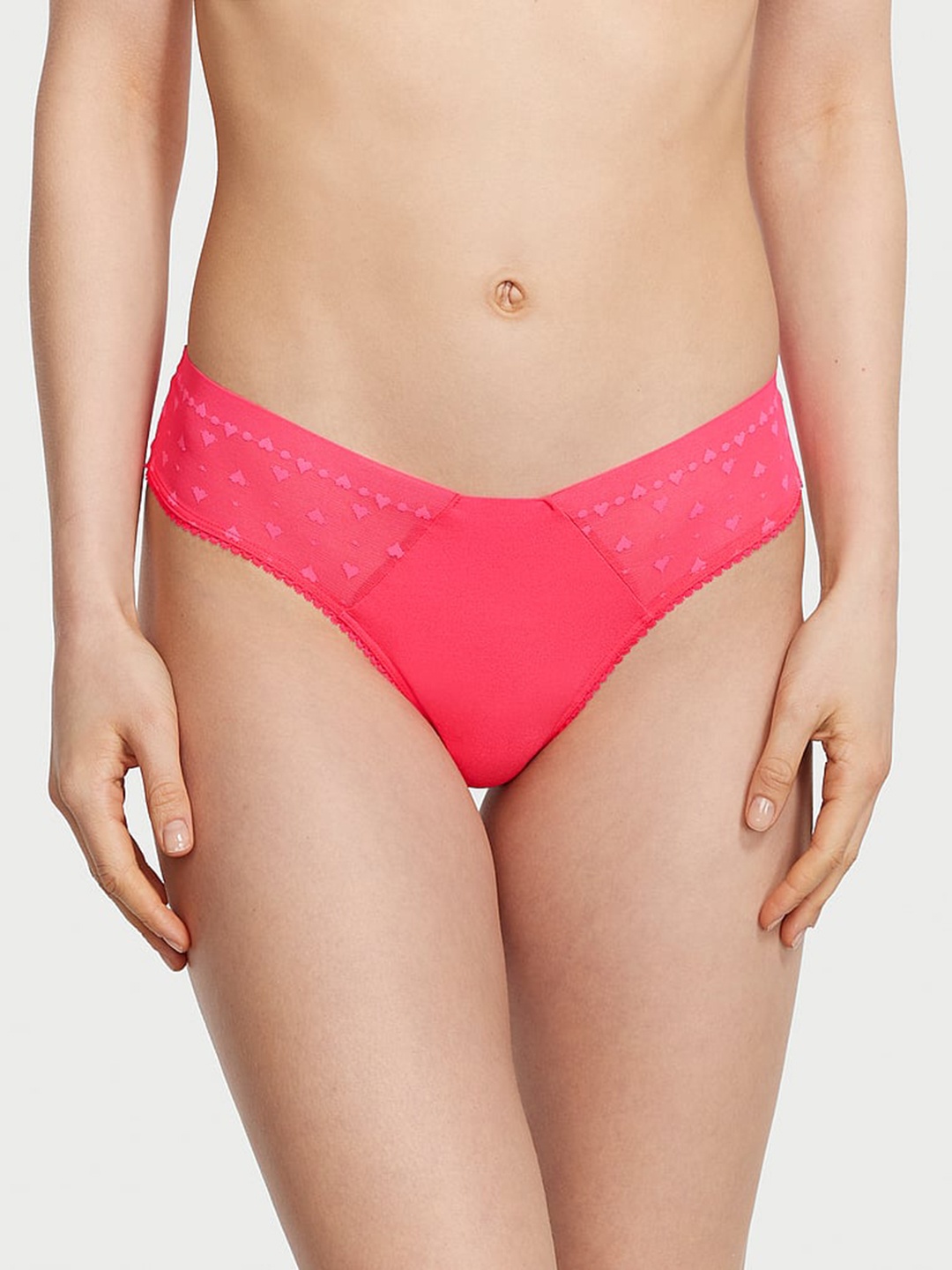 

Victoria's Secret Lace-Trim No-Show Self Design Low-Rise Thong Briefs 112372730E6H, Pink