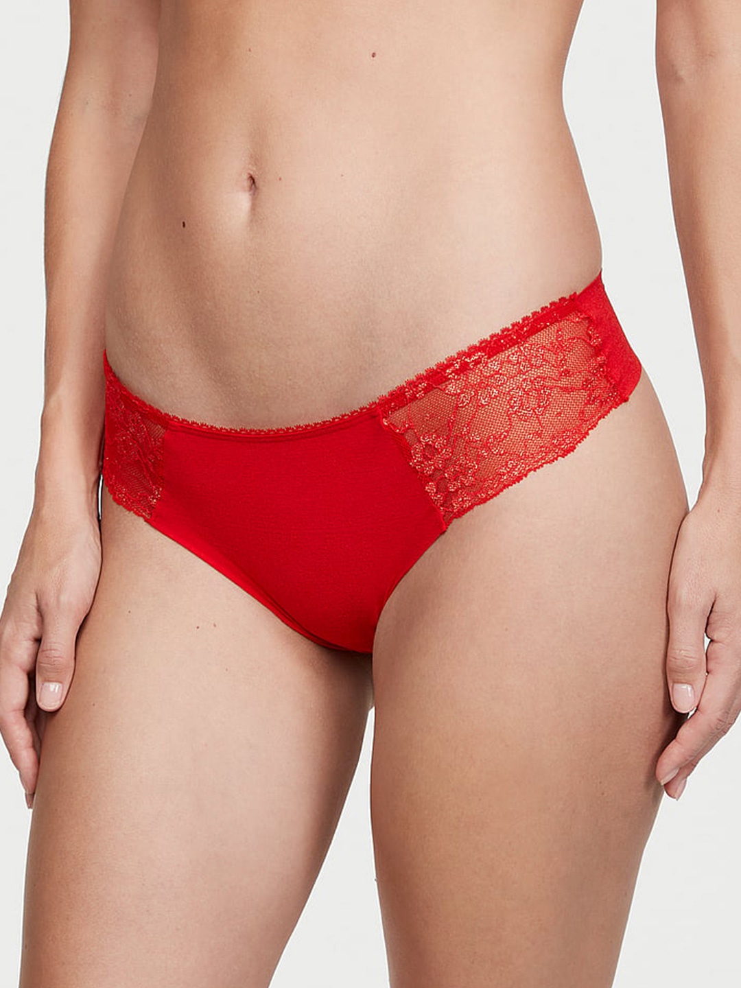 

Victoria's Secret Shimmer Lace-Trim No-Show Self Design Low-Rise Thong Briefs, Red