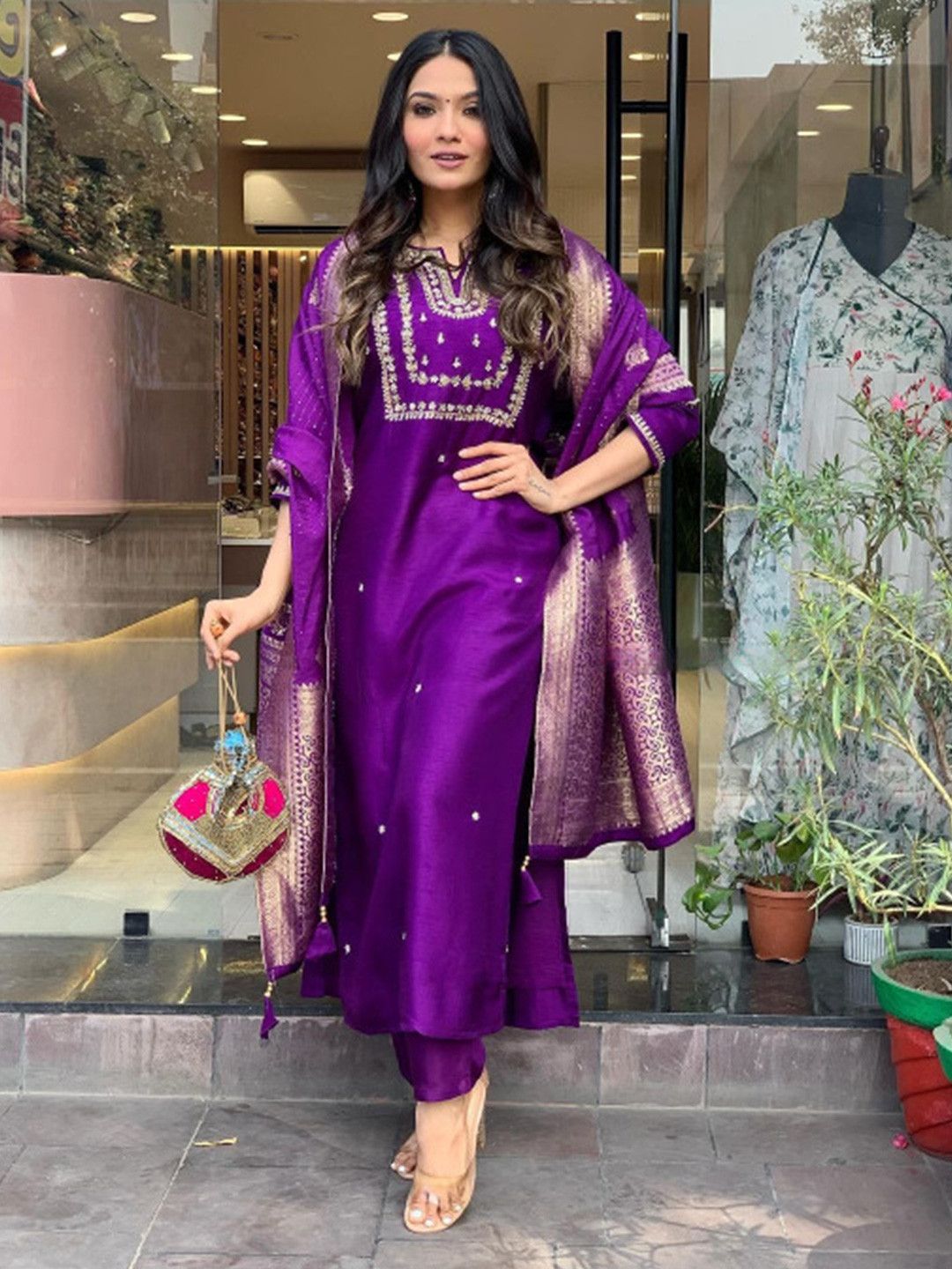 

Storebrite Floral Embroidered Thread Work Chanderi Silk Kurta with Trouser & Dupatta, Purple