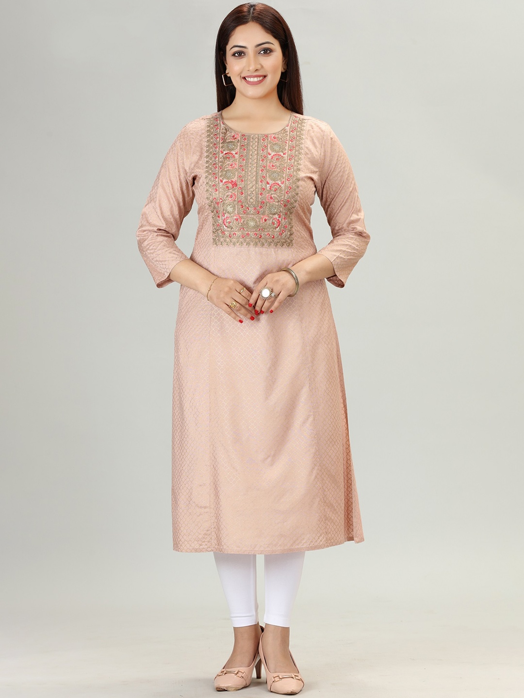 

COTTON CULTURE Floral Embroidered Round Neck Three-Quarter Sleeves Straight Kurta, Cream