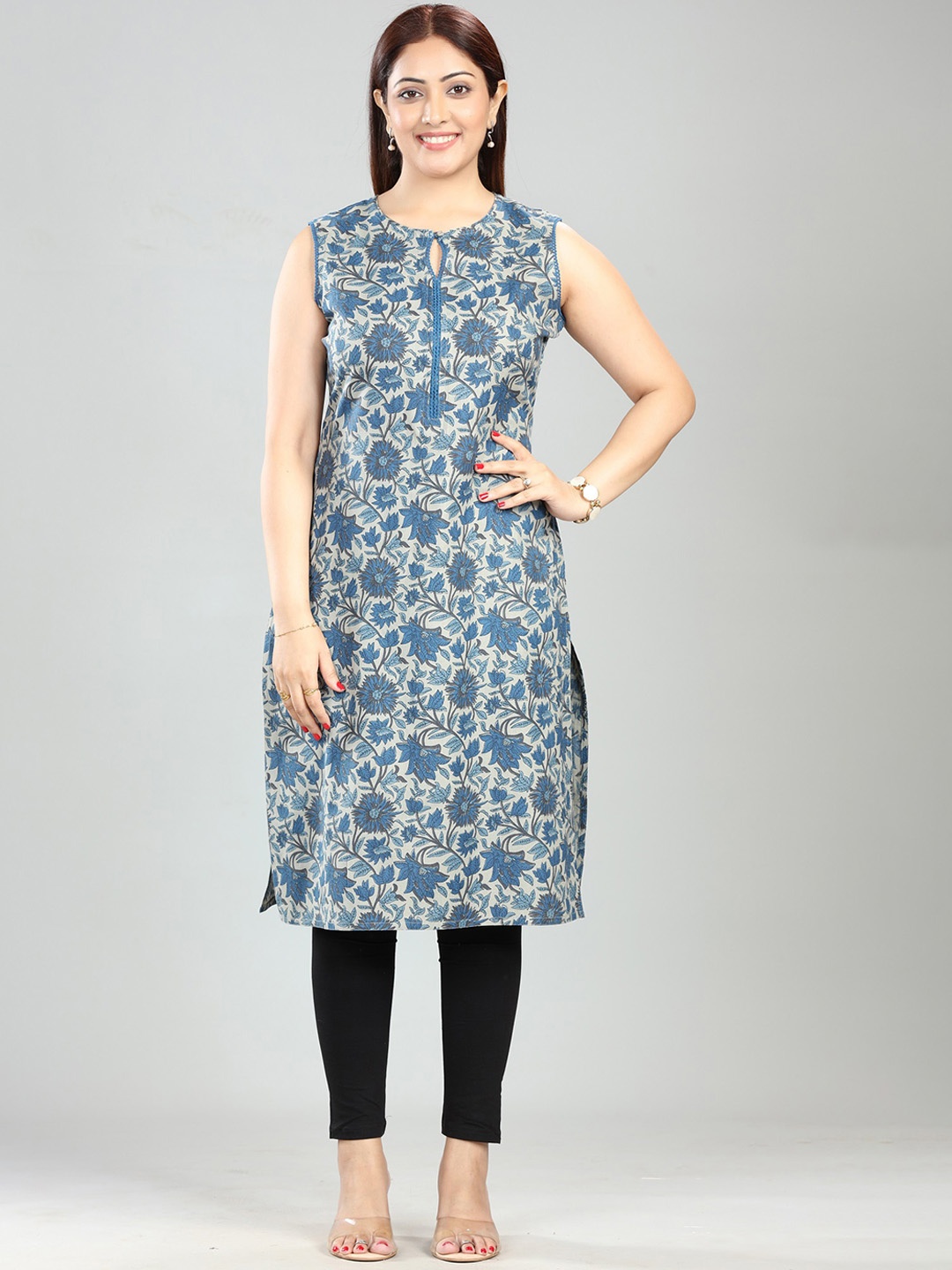 

COTTON CULTURE Floral Printed Keyhole Neck Sleeveless Straight Kurta, Navy blue
