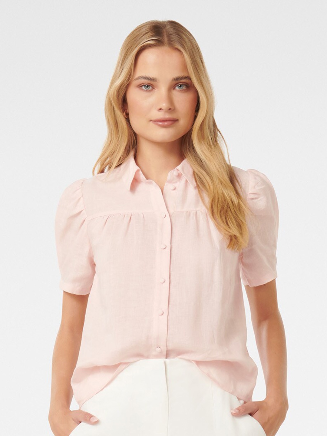 

Forever New Classic Spread Collar Puff Sleeves Linen Casual Shirt, Pink