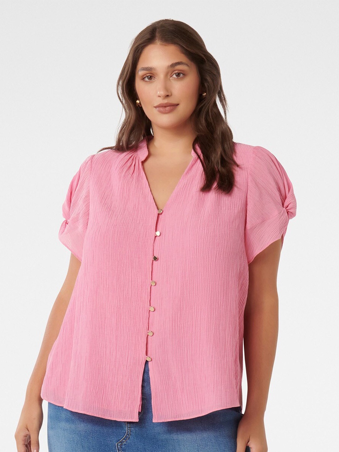 

Forever New Plus Size Mandarin Collar Puff Sleeves Shirt Style Top, Pink