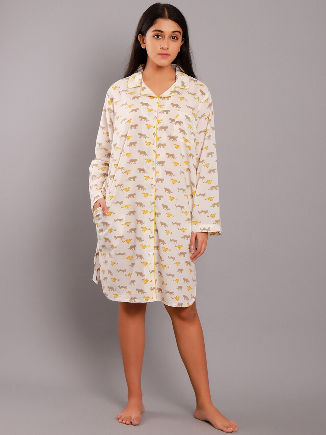 

ETC Block Printed Pure Cotton Shirt Nightdress, Beige