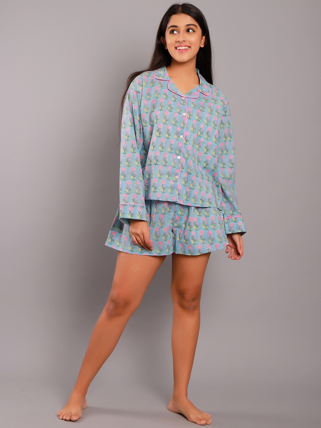 

ETC Blue Floral Printed Lapel Collar Pure Cotton Night Suit