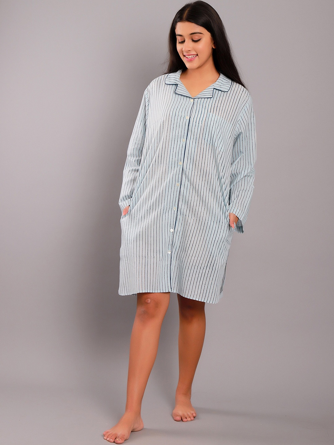 

ETC Striped Pure Cotton Shirt Nightdress, Blue