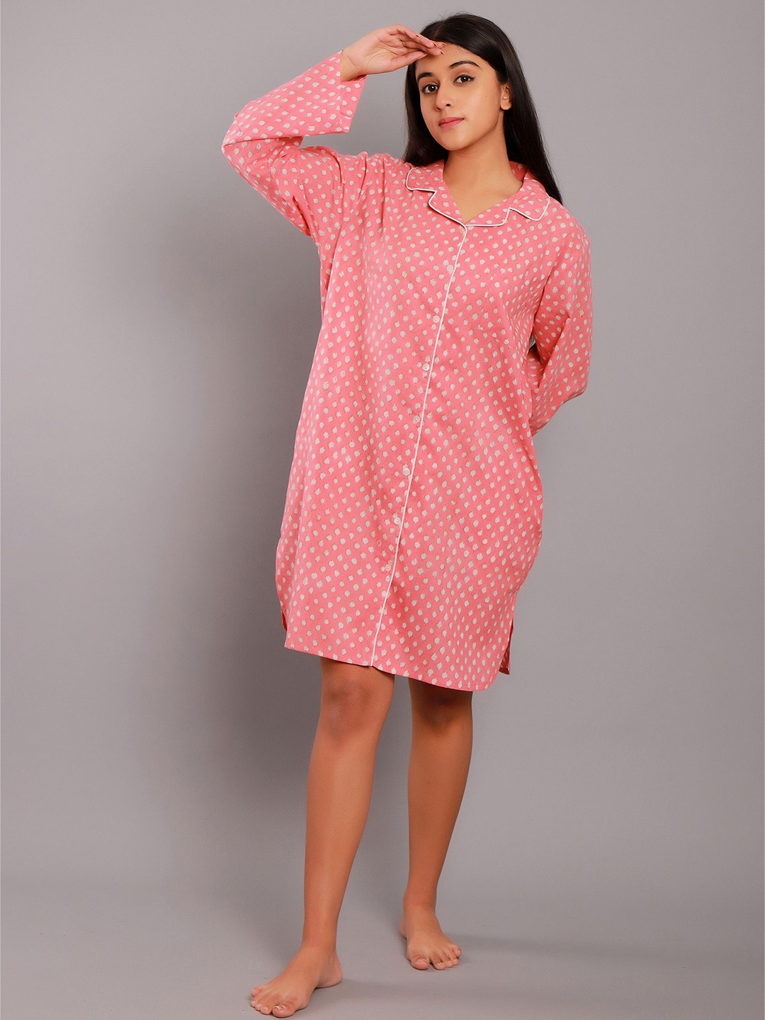 

ETC Block Printed Pure Cotton Shirt Nightdress, Pink