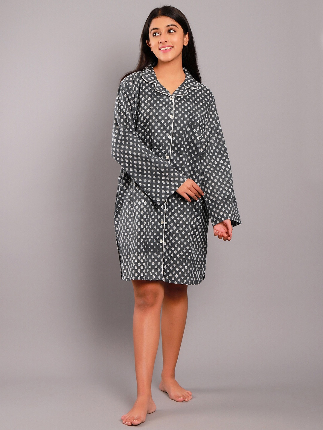 

ETC Block Printed Pure Cotton Shirt Nightdress, Black