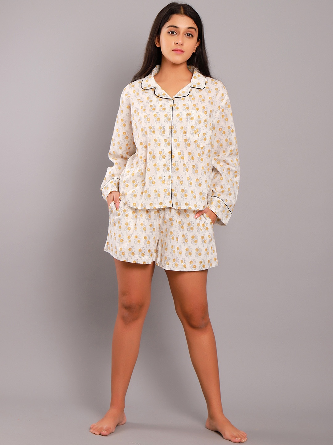 

ETC Beige Floral Printed Lapel Collar Pure Cotton Shirt & Shorts