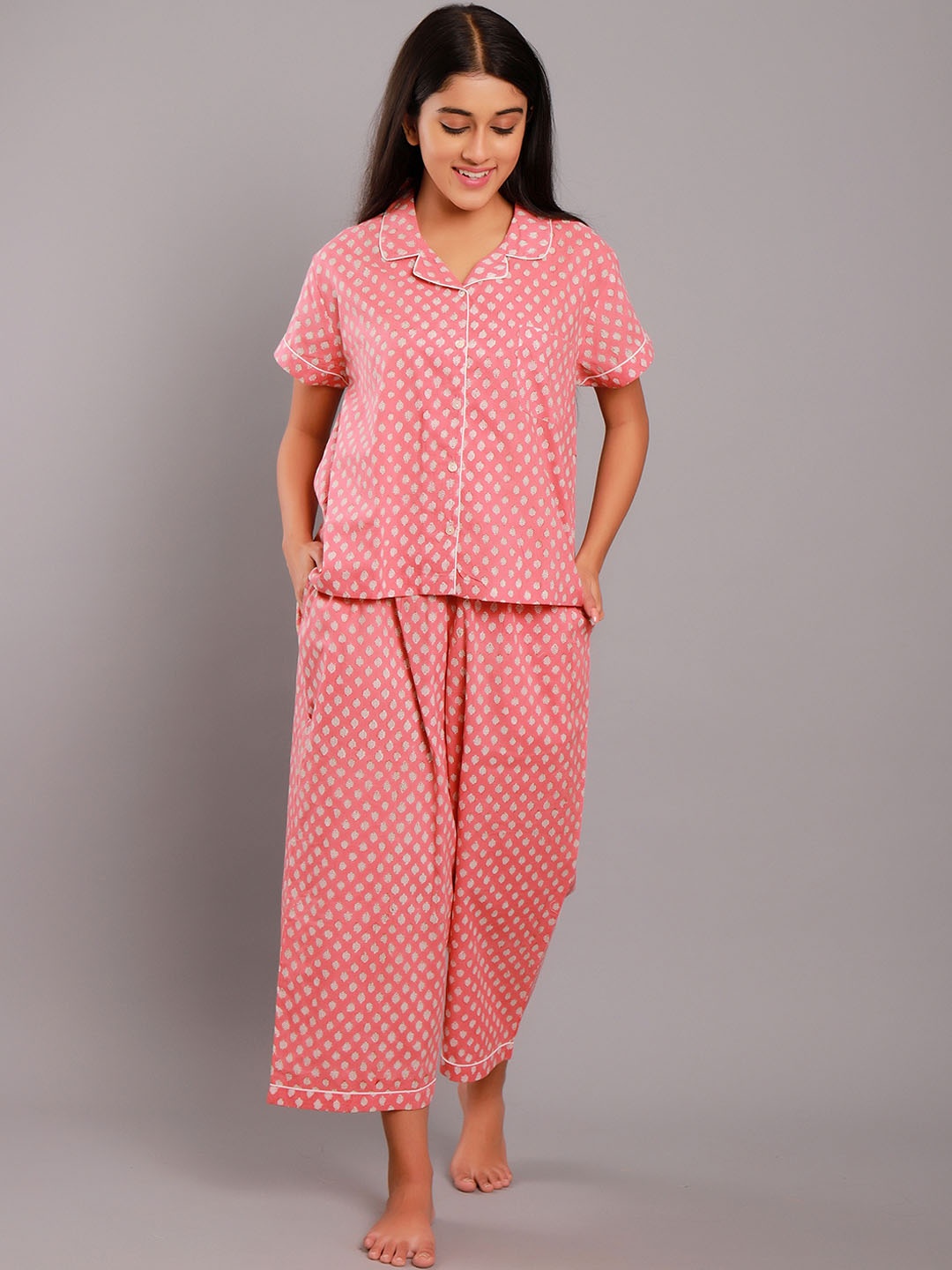 

ETC Pink Ethnic Motifs Printed Lapel Collar Pure Cotton Night Suit