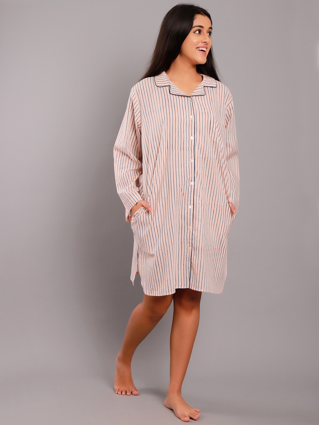 

ETC Striped Pure Cotton Shirt Nightdress, Pink