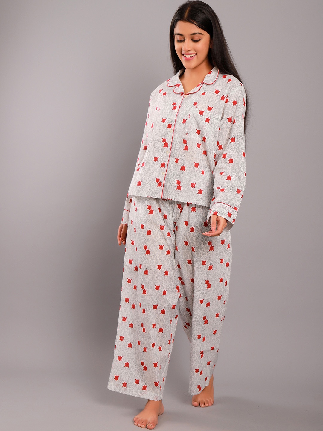 

ETC Grey Graphic Printed Lapel Collar Pure Cotton Night Suit, Red
