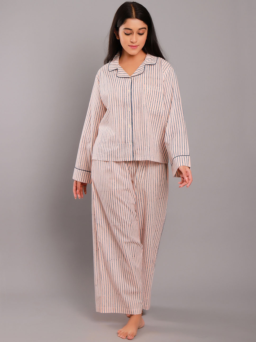 

ETC Pink Striped Lapel Collar Pure Cotton Night Suit