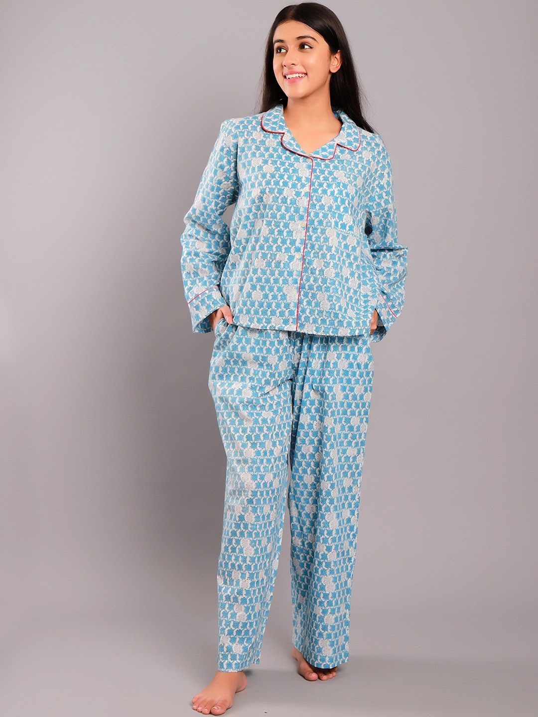 

ETC Floral Printed Lapel Collar Pure Cotton Night Suit, Blue