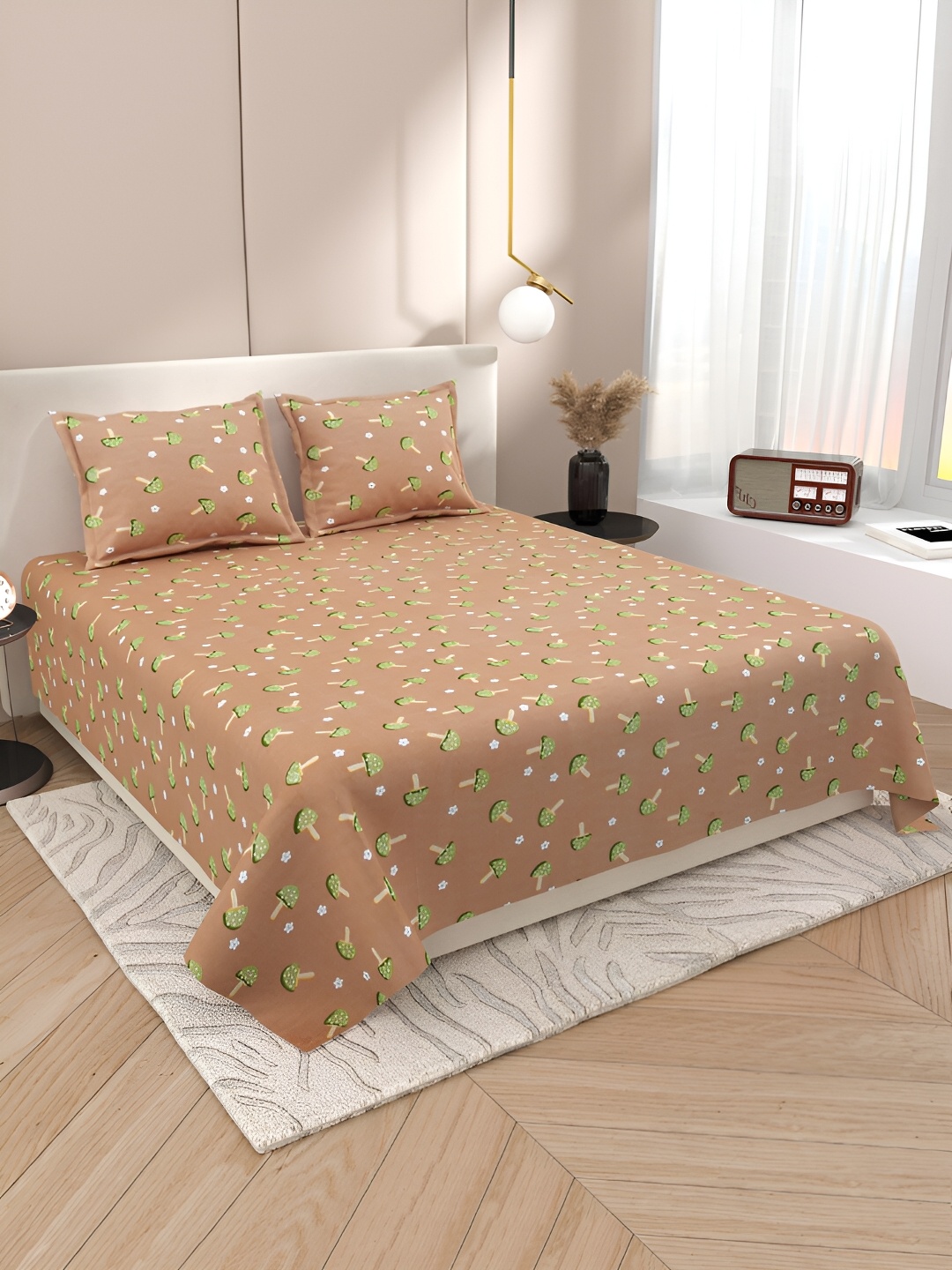 

Aura Brown & Green Floral 220 TC Cotton King Bedsheet With 2 Pillow Covers