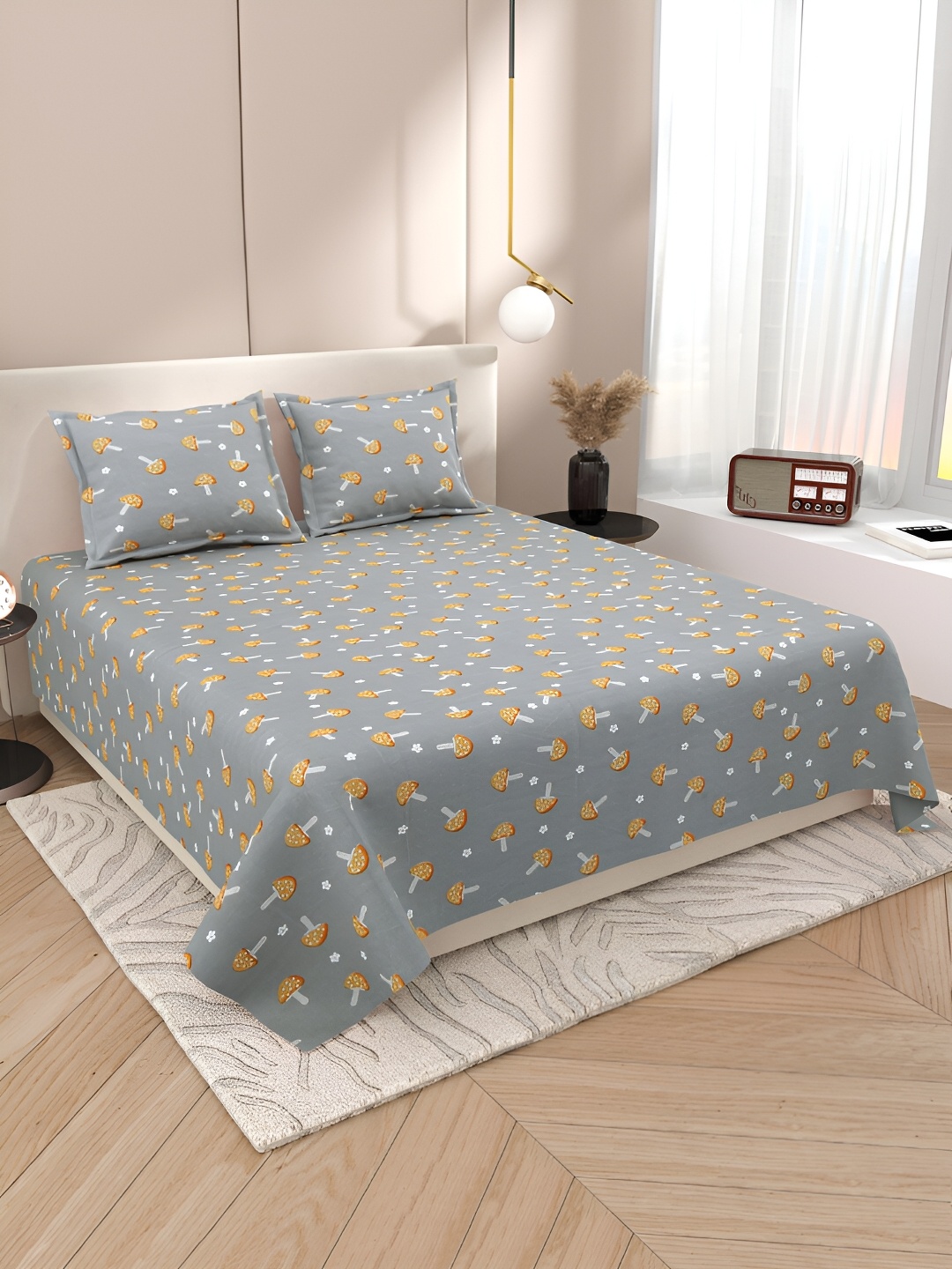

Aura Grey & Yellow Floral Cotton 220 TC King Bedsheet with 2 Pillow Covers