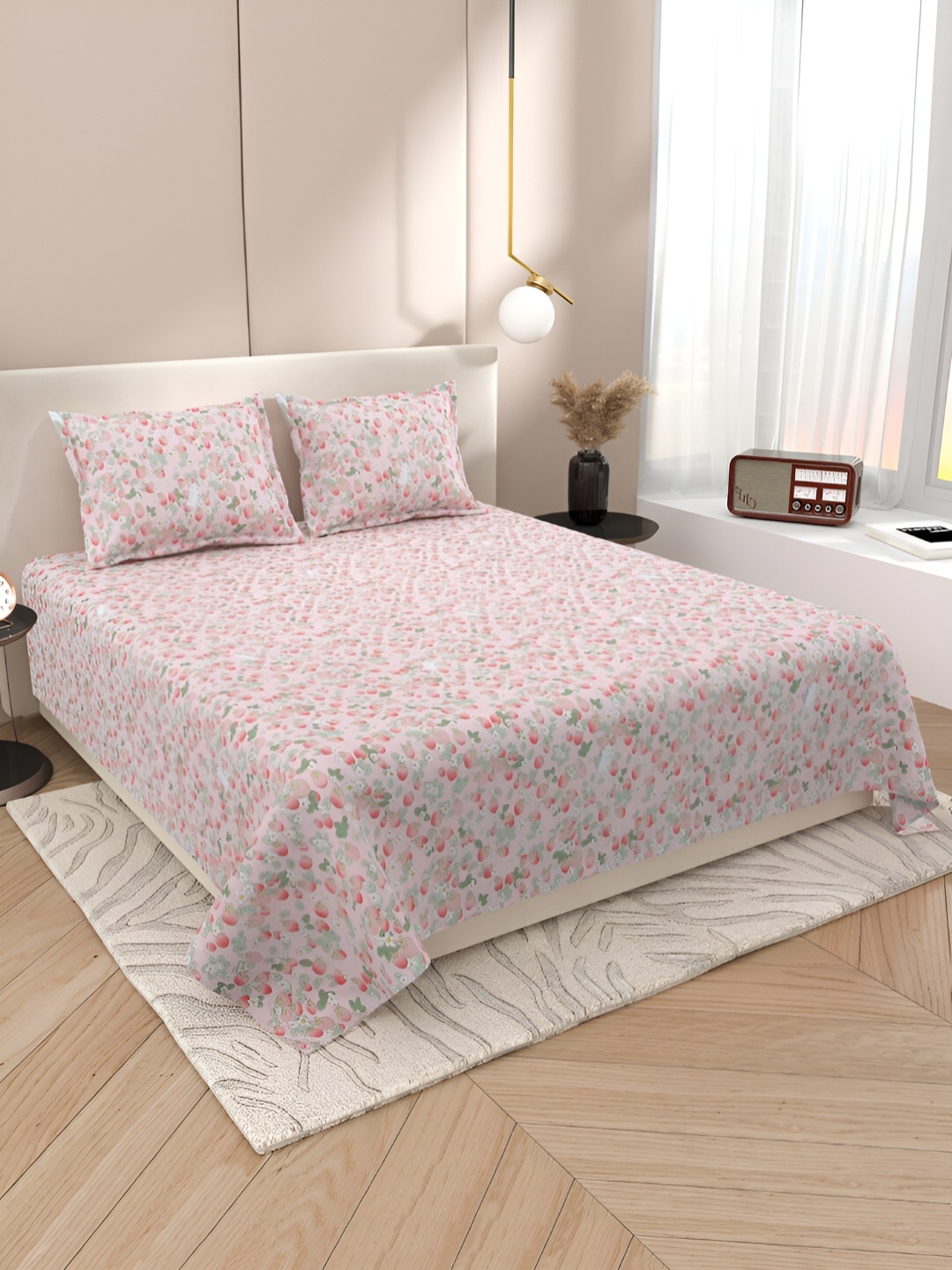 

Aura Pink & Green Floral 220 TC Cotton King Bedsheet With 2 Pillow Covers