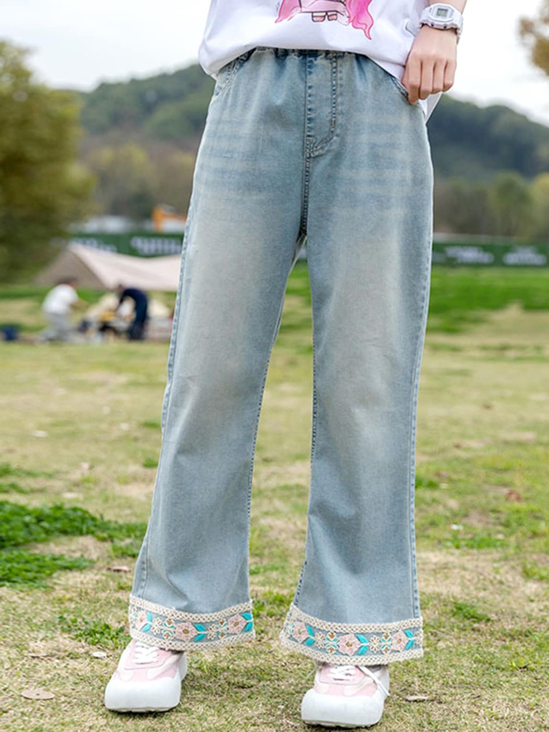 

INCLUD Girls Flared Clean Look Embroidered Light Fade Jeans, Blue